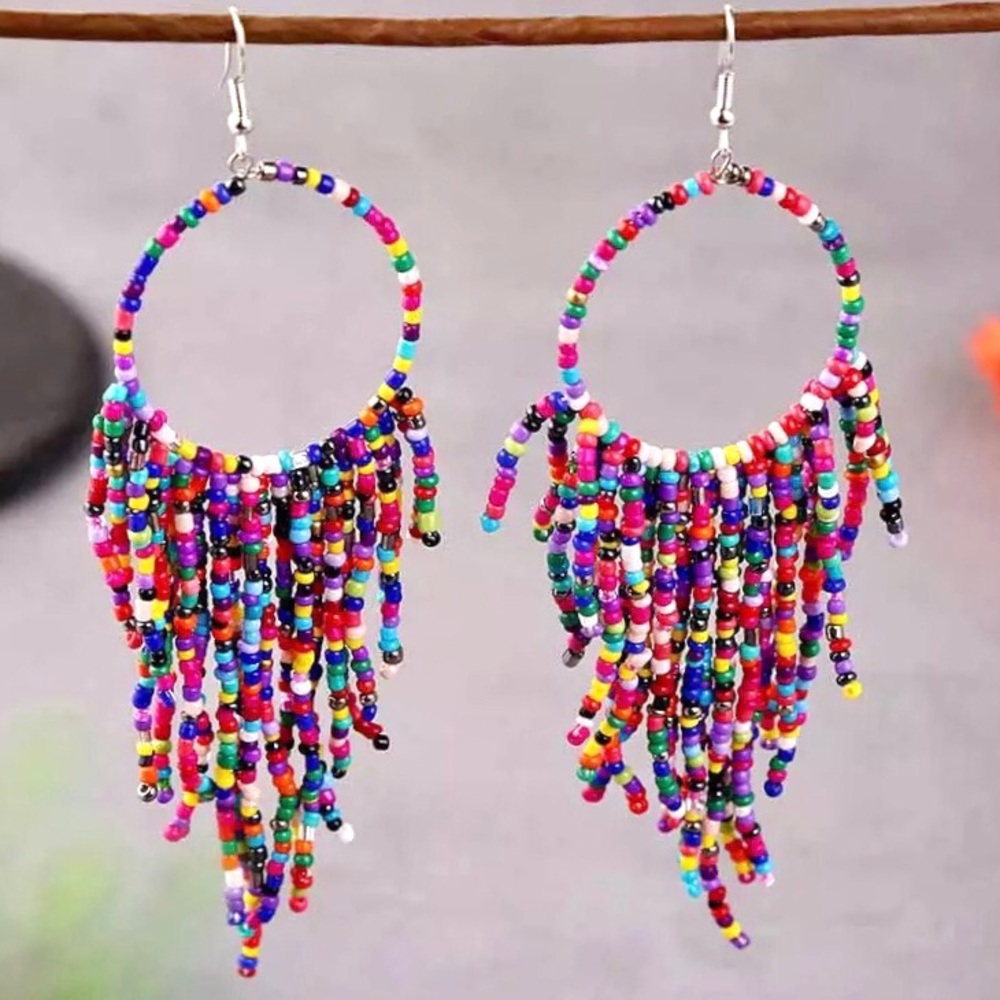 NEW Boho Multi Color Beaded Tassel Dangle 5" Summer Earrings - Great Gift